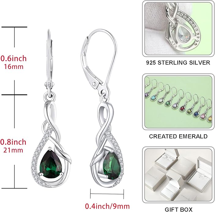 STARCHENIE 925 Sterling Silver Necklace Dangle Earrings for Women Infinity Twisted Teardrop Pendant May Birthstone Created Emerald Jewelry Set
