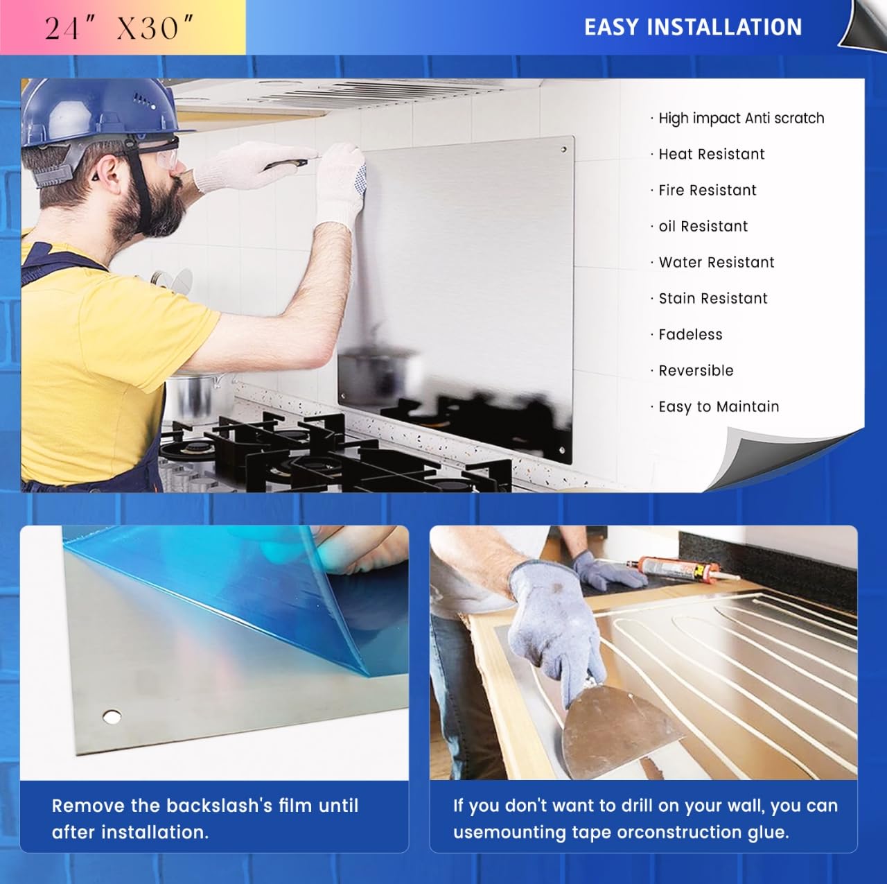 Stainless Steel Backsplash for Stove 24"x30" Stove Backsplash Protector for Wall Metal Range Splash for Kitchen Wall with Screw Included（0.0276" Thick)