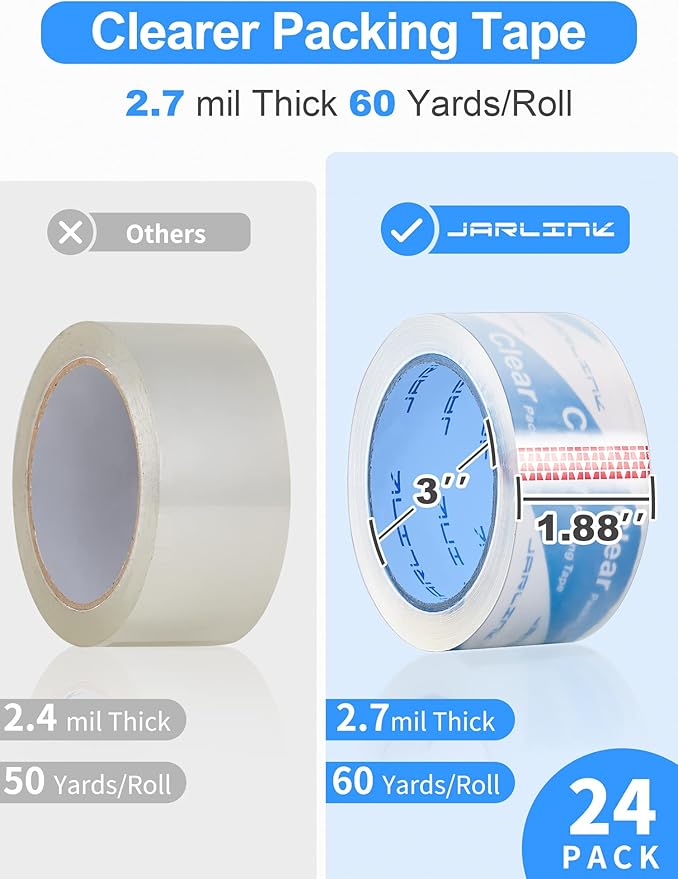 JARLINK Clearer Packing Tape 24 Rolls, Heavy Duty Packaging Tape for Shipping Packaging Moving Sealing, 2.7mil Thick, 1.88 inches Wide, 60 Yards Per Roll, 1440 Total Yards