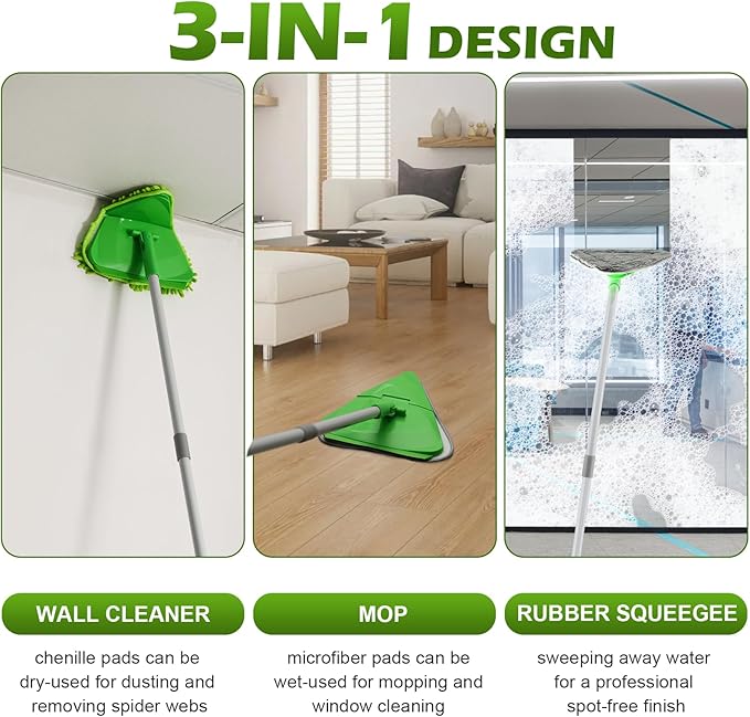 Wall Cleaner Triangle Mop with 82'' Long Handle - Wall Scrubber, Cleaning Washer Tool with 4 Microfiber Chenille Duster Pads for Clean Walls, Ceiling, Windows, Baseboards, Floors (Green)