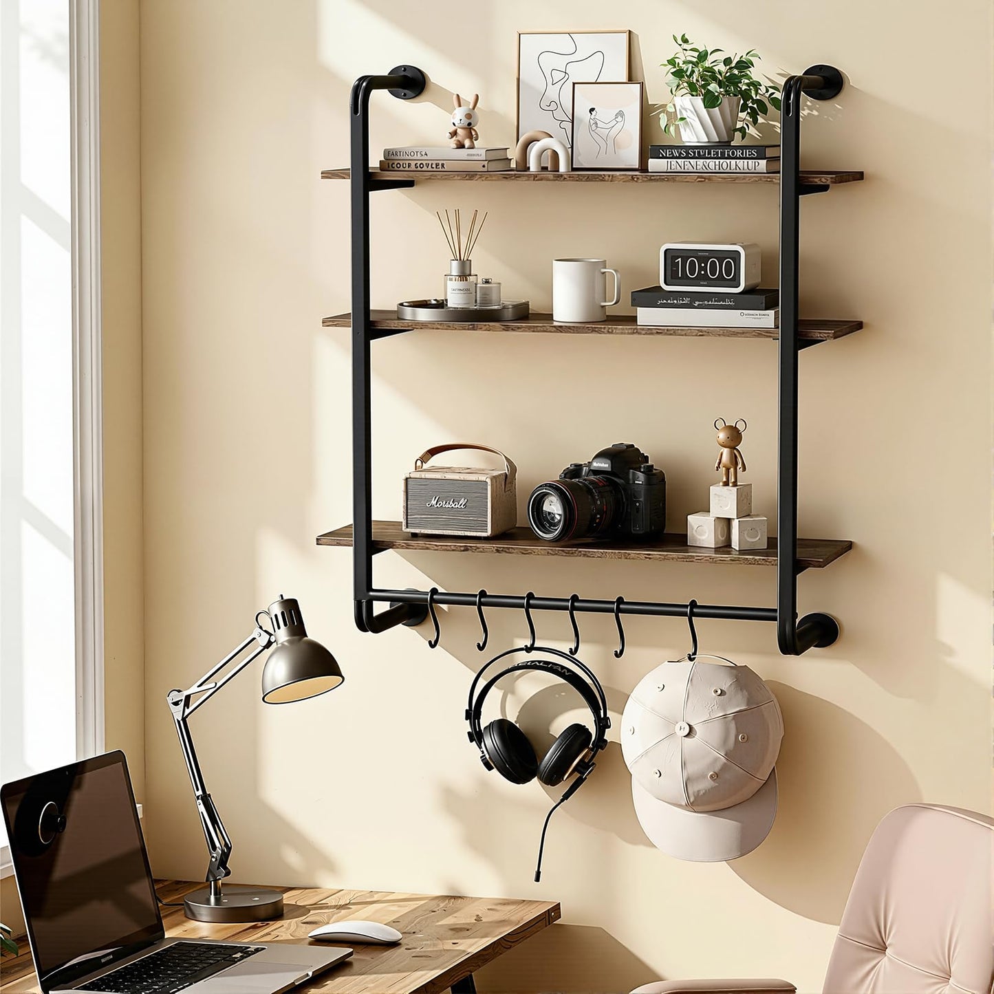 Kssiaz 3 Tier Industrial Pipe Floating Shelf, 24" Kitchen Wall Shelves with Towel Bar & 6 Hooks, Coffee Bar Shelves Display Bookshelf Wall Shelf for Kitchen, Bathroom, Home Décor, Rustic Brown