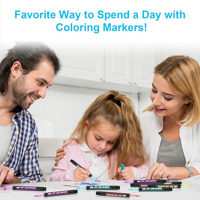 Double Line Outline Markers, 36 Colors Super Squiggles Shimmer Outline Marker Pen Set, Self Outline Metallic Markers Glitter Writing Drawing Pens for Birthday Greeting Card, Doodling, DIY Art Crafts