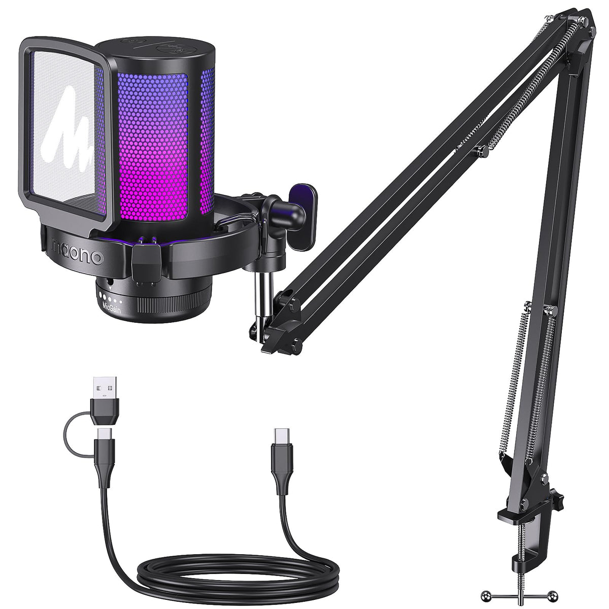 MAONO Gaming USB Microphone, Noise Cancellation Condenser Mic with Mute, Gain, Monitoring, Boom Arm Mic for Streaming, Podcast, Twitch, YouTube, Discord, PC, Computer, PS4, PS5, Mac, GamerWave DGM20S
