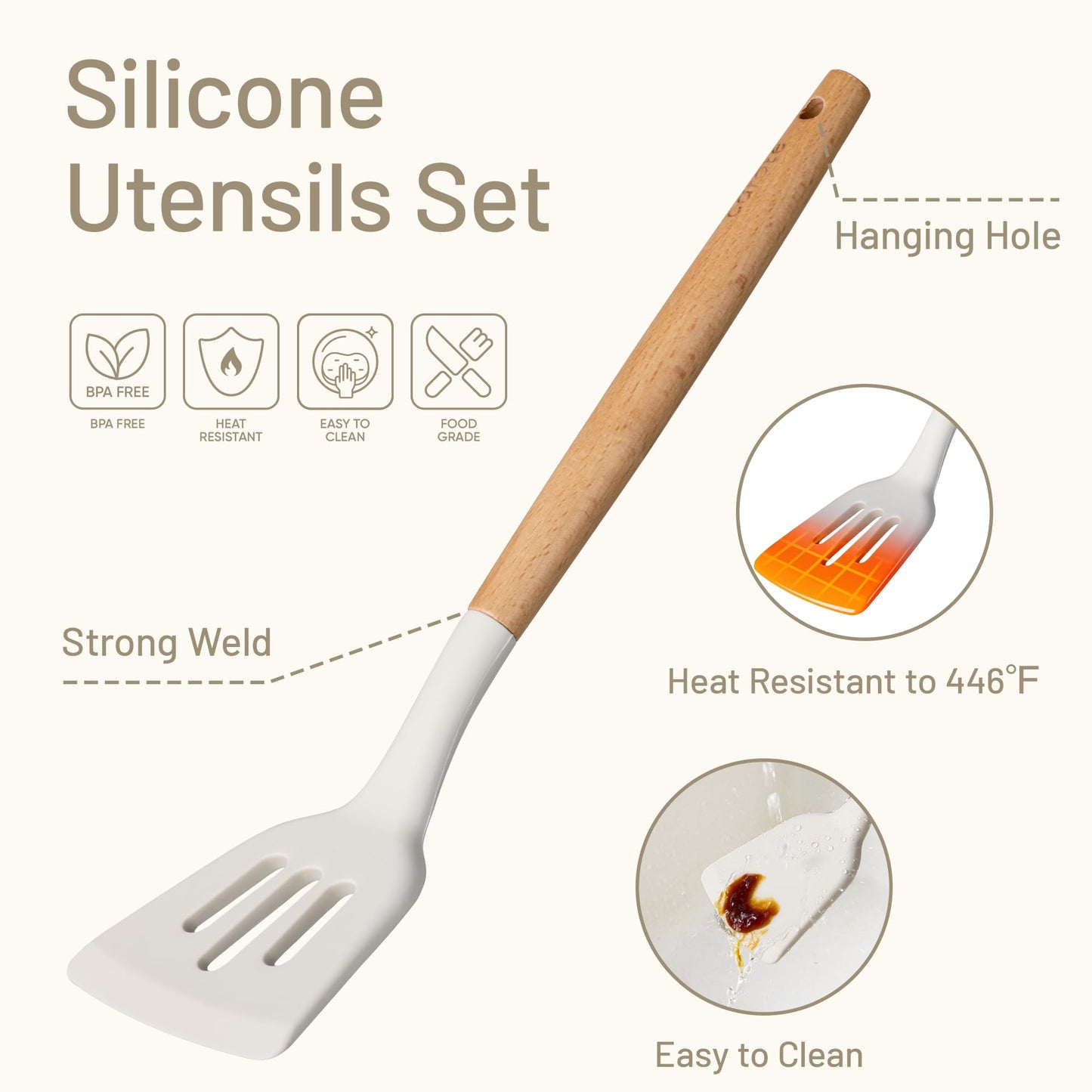 CAROTE Silicone Cooking Utensils Set, Kitchen Utensils Set 10 Pcs for cooking, BPA Free Spatula Set with Heat Resistant Wood Handles for Nonstick Cookware (Cream White)