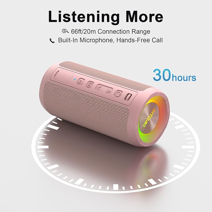 Ortizan Wireless Portable Bluetooth Speaker, IPX7 Waterproof, Dustproof and Rustproof, Powerful 24W Sound, Enhanced Bass, 30 Hour Battery, 360° Party Light, and Stereo Pairing (BT 5.3), Gifts - Pink