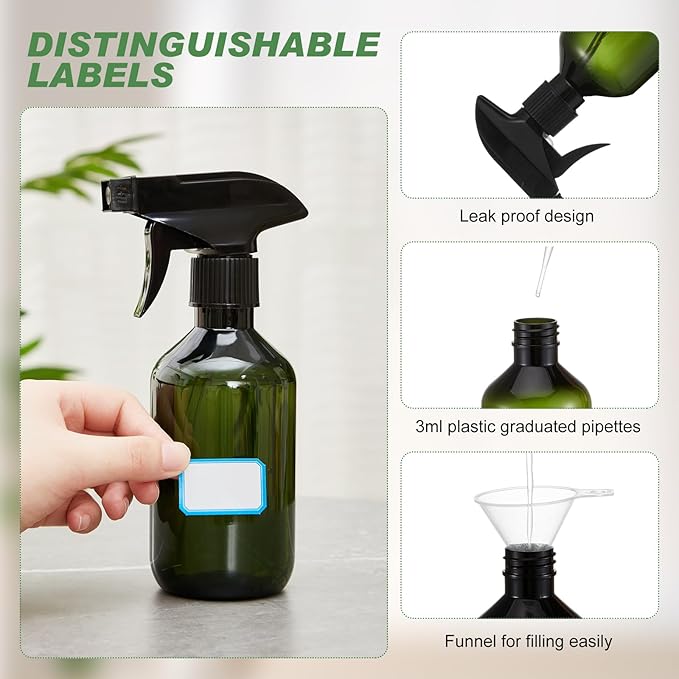 9 Pack 10 oz Plastic Spray Bottle Bulk for Plant Small Spray Bottle Fine Mist Water Sprayer Upgraded Adjustable Nozzle Refillable Empty Containers for Cleaning, Hair, Cooking(Green)