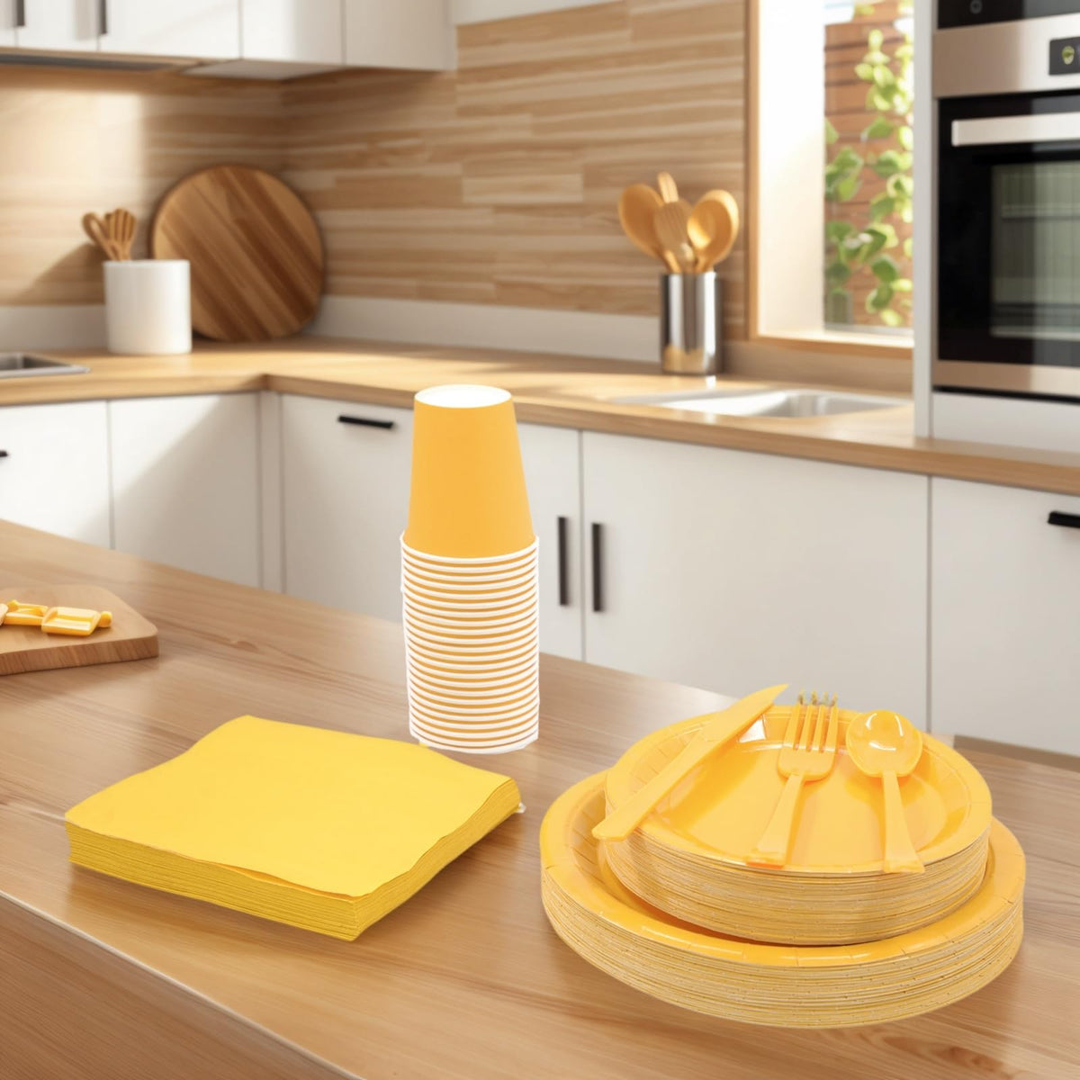 DX DENGXUAN 400-Piece Yellow Party Set,Disposable Paper Plates Cups Plastic Spoons and Fork Knives Yellow Napkin,Suitable for 50 Guests,Disposable Party Tableware Set,Wedding Birthday Party.