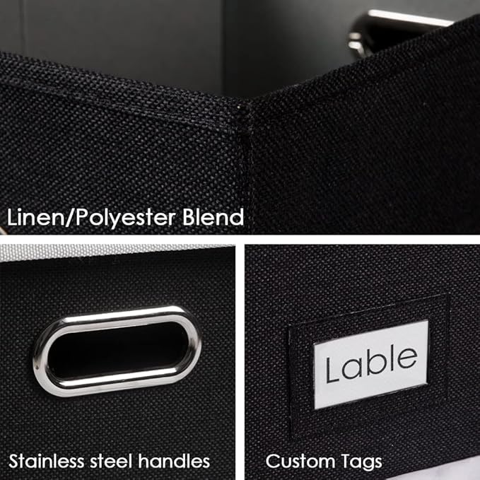 PRANDOM File Organizer Box - Set of 4 Collapsible Decorative Linen Filing Storage Hanging File Folders with Lids Office Cabinet Letter Size Black (15x12.2x10.75 inch)