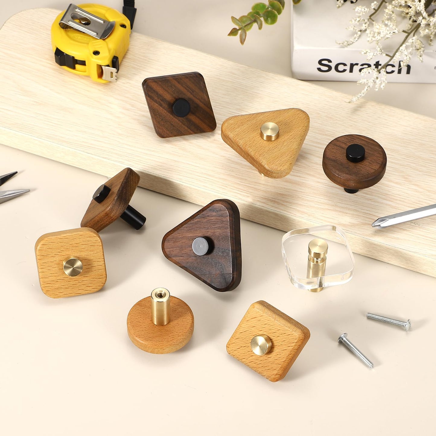 uxcell 6 Pcs Wood Cabinet Knobs, 2.2 Inch Rhombic Single Hole Wooden Drawer Knobs Mushroom Shape Handle Pulls with Screws for Furniture Closet Dresser, Copper Wood Color