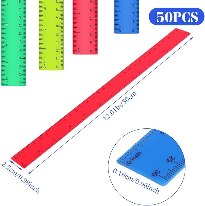 Zonon 50 Pcs 6 Inch/12 Inch Plastic Rulers Bulk Flexible Straight Rulers with Inches Centimeters First Day of School Gift Students Back to School Office Home Supplies(Colorful,12 Inch)