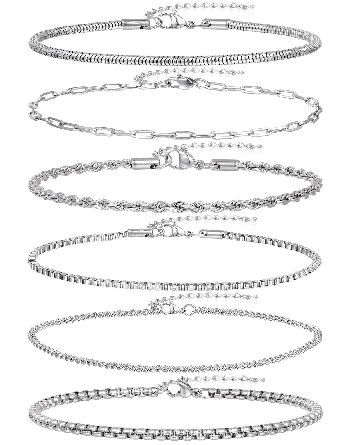 Wrlcorly 6Pcs Stainless Steel Chain Bracelets for Men Women 2mm Cuban Snake Twists Rope Box Beads Paperclip Link Chain Bracelet Sets Jewelry Gifts 7 Inches Length Adjustable