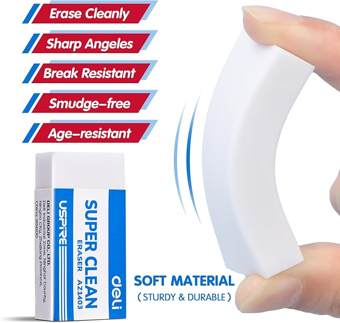 Deli Pencil Erasers, Pencil Eraser, 72 Pack, White Erasers, Erasers for Drawing, Kids, Artist, White, Large