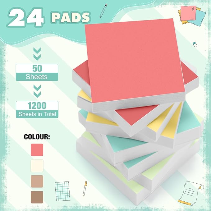 Fainne 24 Pack Sticky Notes Bulk Back to School Supplies Self Stick Note Pads Paper Memo for Office First Day of School Student Teacher Essentials (2 x 2 Inches,Bright Color)