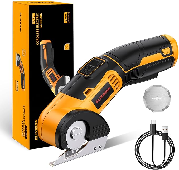 Cordless Electric Scissors Rotary Cutter with 2 Blades | 4V 2000mAh Rechargeable | Heavy Duty for Cardboard Fabric Carpet Leather | Lightweight Portable (Yellow)