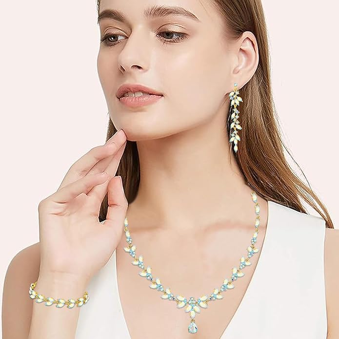 Wedding Jewelry Sets for Bride Bridesmaid Bridal Jewelry Set for Women Wedding Crystal Necklace Earrings Bracelet Set for Party Prom Jewelry