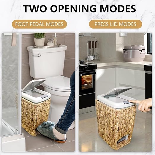 Slim Bathroom Trash Can with Lid, 3 Gallon Small Trash Garbage Can Narrow Rubbish Waste Bin Basket with Press Top Step On Wicker Slim Wastebasket Wastepaper Basket for Bath Bedroom Office