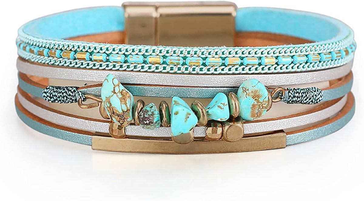 Fesciory Leather Wrap Bracelets for Women, Boho Leopard Multi-Layer Crystal Beads Cuff Bracelet Jewelry