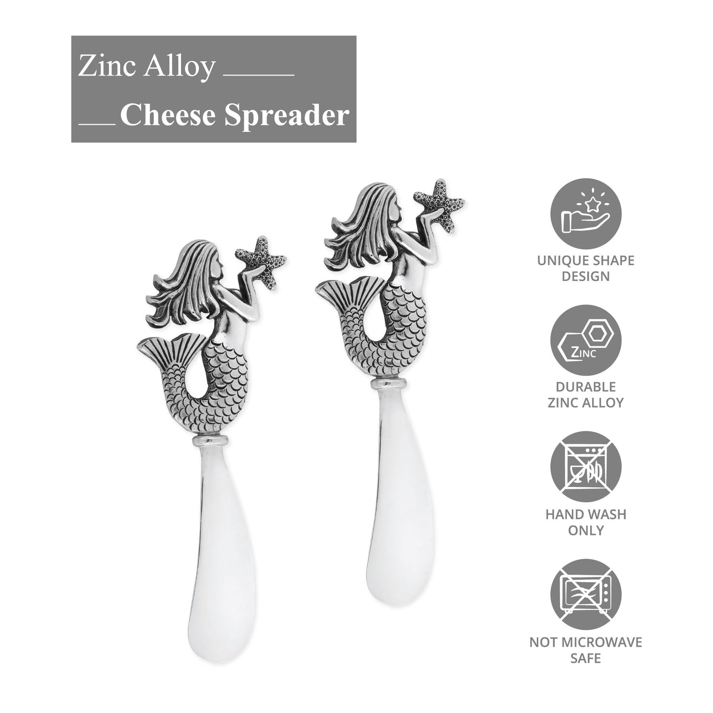 UP Mermaid Cheese Spreader Set, Zinc Alloy Butter Spreaders with Decorative Handles for Cheese, Cream, and Dips, Silver, 4.75 Inch, Set of 2