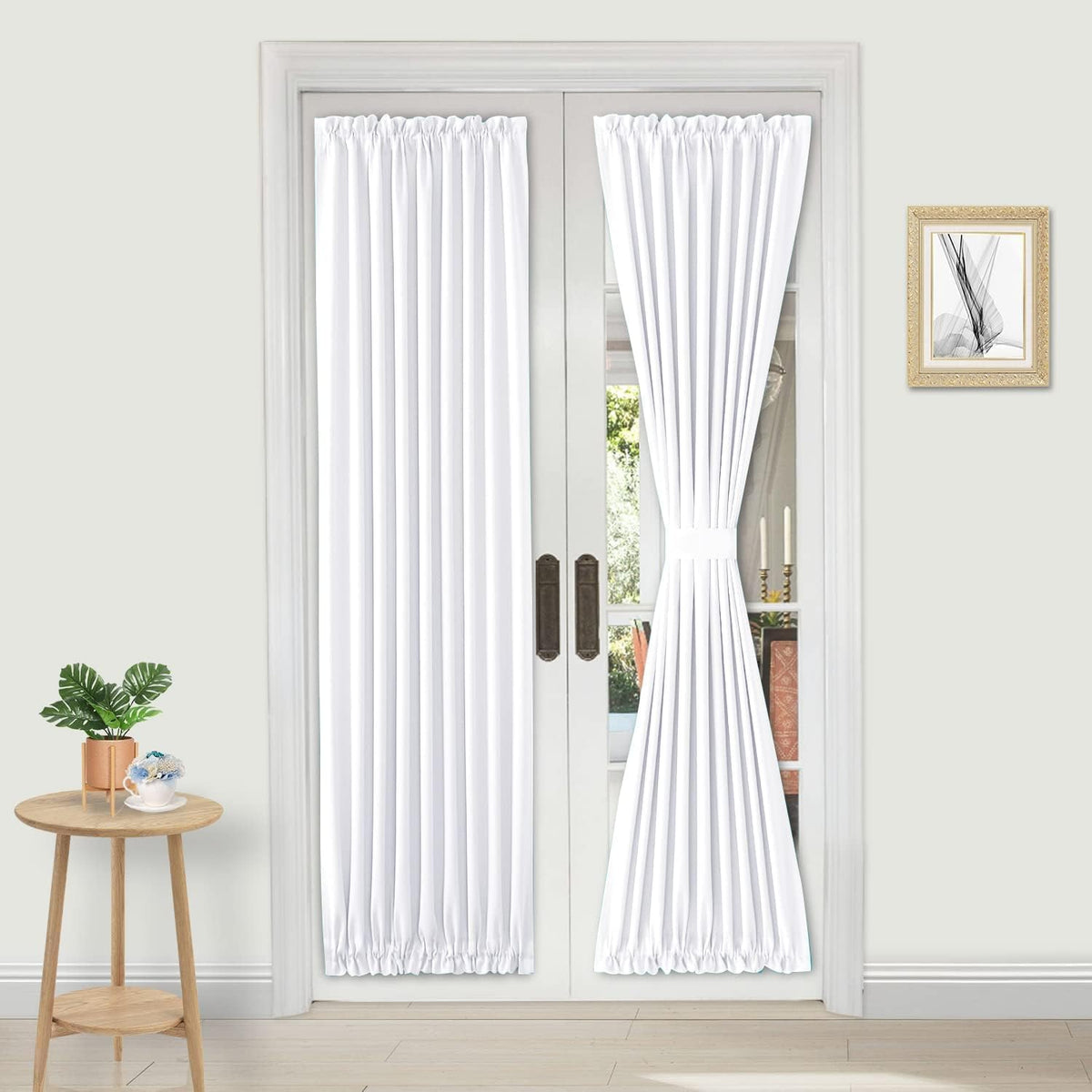 DWCN French Door Curtains â Rod Pocket Thermal Curtain for Doors with Glass Window, Kitchen and Patio Doors for Privacy, 25 X 80 Inches Long, 1 Curtain Panel with Tieback, Pure White