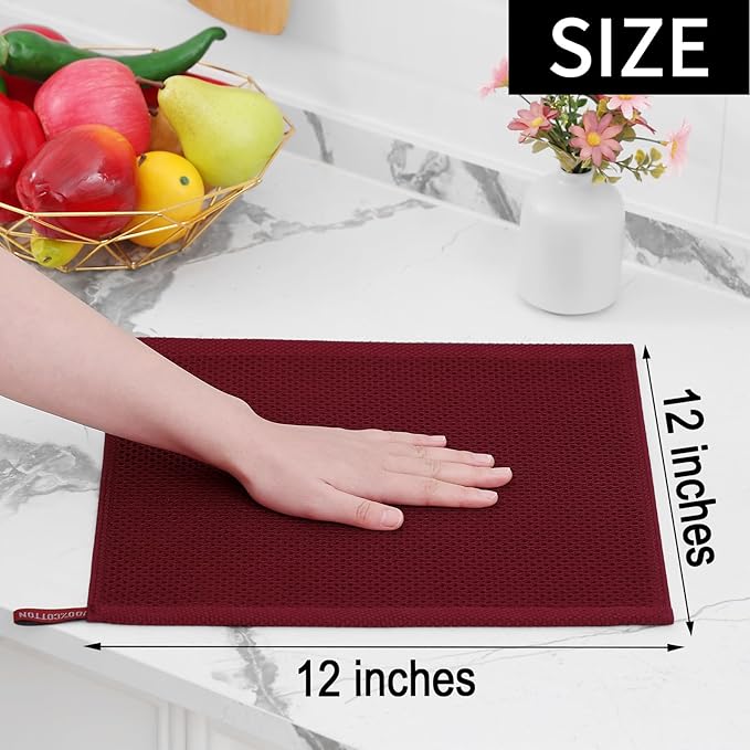 Homaxy 100% Cotton Waffle Weave Kitchen Dish Cloths, Ultra Soft Absorbent Quick Drying Dish Towels, 12 x 12 Inches, 12-Pack, Burgundy