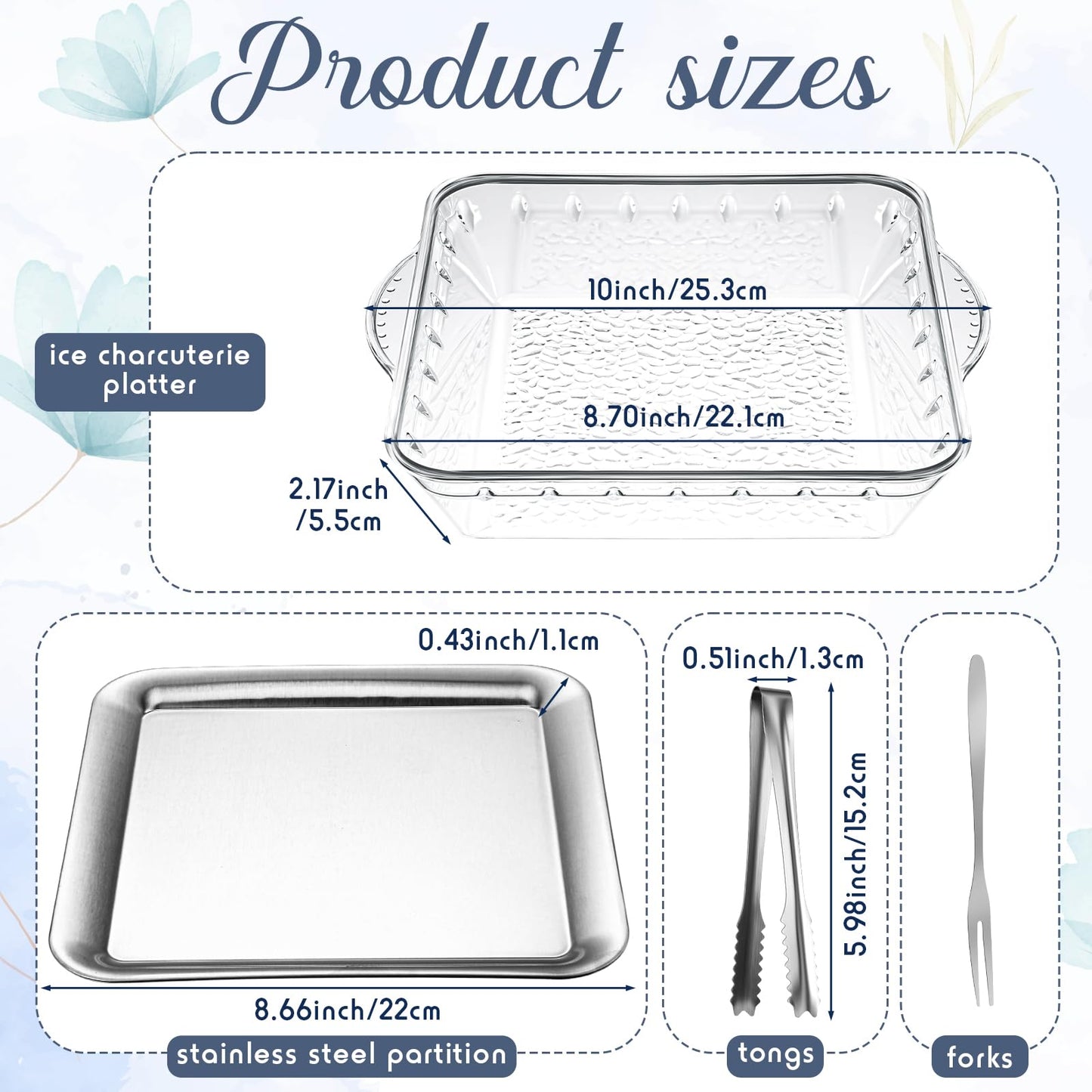 Baderke 4 Set 9" Chilled Serving Tray for Parties with Compartments Ice Chilled Party Platter Charcuterie Serving Board Cold Dish Dip with Forks Tongs for Fruit Seafood Vegetable Appetizer(Silver)