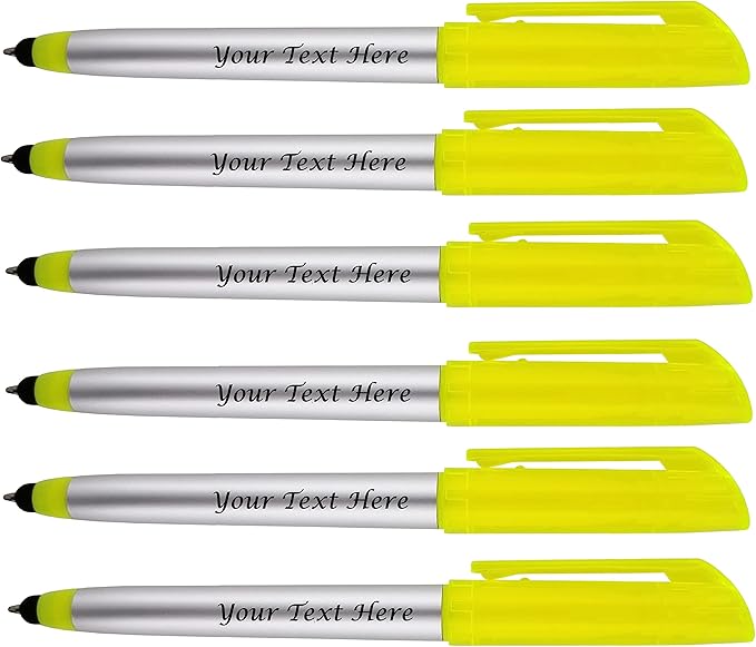 Personalized Pens with Highlighter and Stylus -250 Pack Bulk-Free Imprint - 3 In Highlighter, Ballpoint Pen, and Stylus Combo- add Custom Business Name, Logo or Gift Message- Yellow