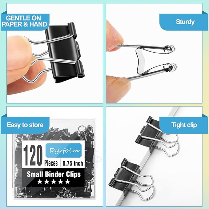 120 Pack Small Binder Clips,3/4 Inch Width Paper Clips,Black Binder Clips,Mini Binder Clips,Small Paper Clamps for Office Supplies Home and Business,Metal Binder Clips