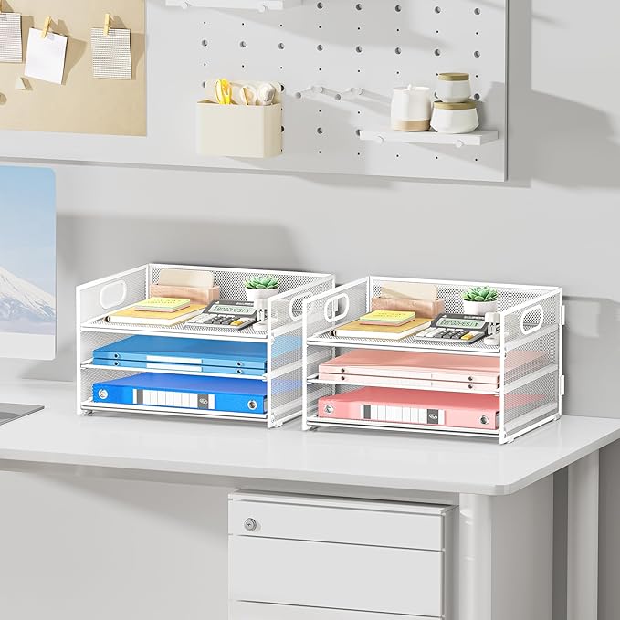 Subekyu 2-Pack 3-Tier White Metal Mesh Desk Paper Letter Tray & File Sorter Organizer with Handle + 1 Sliding Tray for Desk, Home, Office, School Supplies, A4 Paper and Accessories Storage