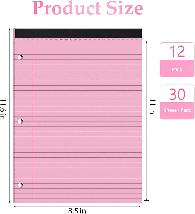 HAUTOCO 12 Pack 8.5 x 11 Legal Pads Pink Wide Ruled Notepads Perforated Writing Pads, 30 Sheets Per Notepad, 3-Hole Punched Paper, Writing Note Pads for School, Home, Office, Business