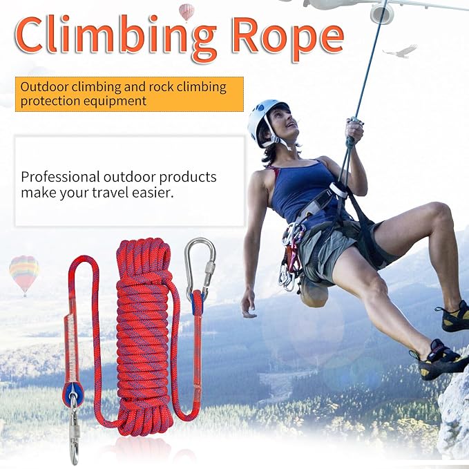 NewDoar Climbing Rope 8(5/16in),10mm (3/8in), High Strength Accessory Cord Rope with 2 Steel Hooks, for Outdoor Rescue Rappelling Rope Down Cliffs ledges Safety Escape Tow Strap Equipment(red)