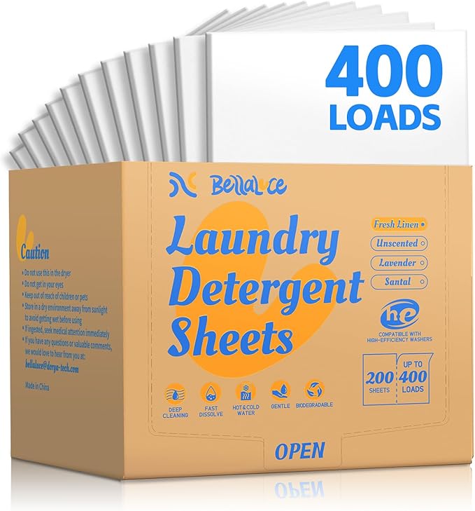 BellaLuce Laundry Detergent Sheets - Laundry Sheets, 400 Loads, Eco-Friendly, Plastic-Free, Fresh Linen Scent, Space Saving, Fast Dissolve & Hypoallergenic