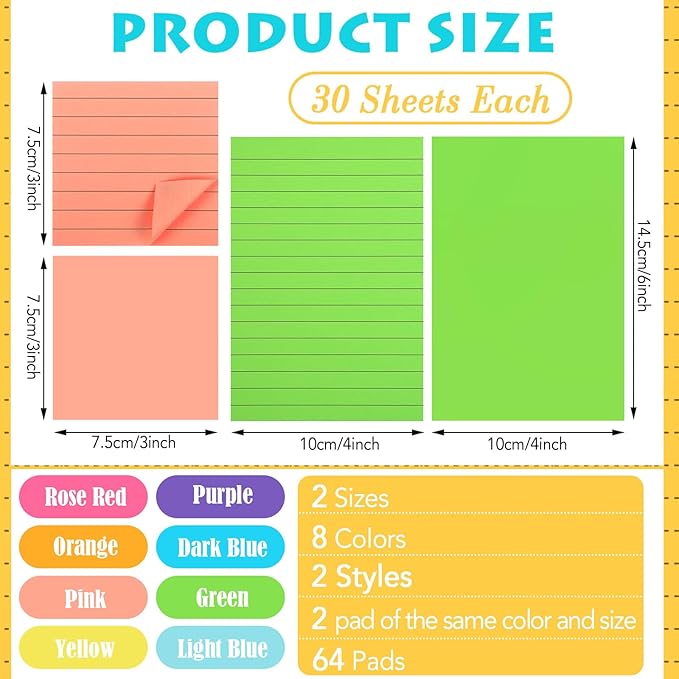 Yexiya 64 Pcs Lined Sticky Notes Self Stick Notes with Lines Bright Assorted Colors Sticky Pad for Home Office Products Post Memos, 1920 Sheets(4 x 6 Inch, 3 x 3 Inch,Multi Color)