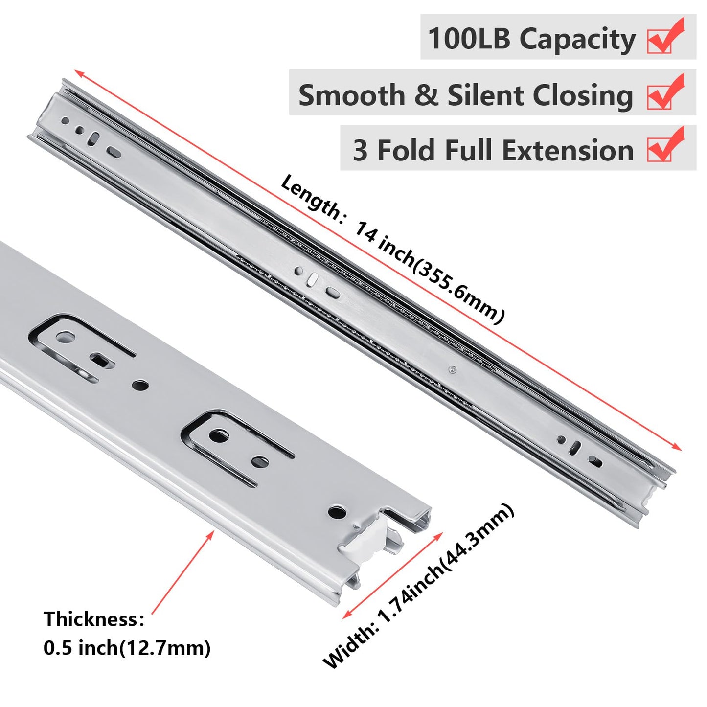 homdiy 6 Pairs 14 Inch Side Mount Full Extension Drawer Slides 3 Fold Cabinet Drawer Slides Heavy Duty Solid Ball Bearing Kitchen Cabinet Rails Dresser Tracks 100 LB Capacity
