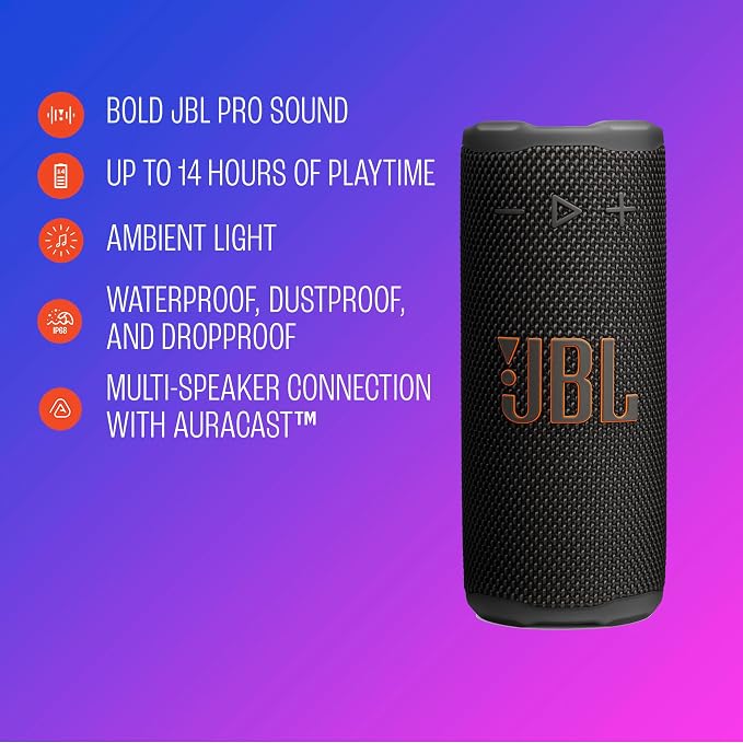 JBL Grip - Compact Bluetooth Speaker with Bold Pro Sound and Ambient Light, up to 14 Hours of Playtime, Water, Dust and Drop-Proof (IP68), & Multi-Speaker Connection with Auracast™ (Orange)