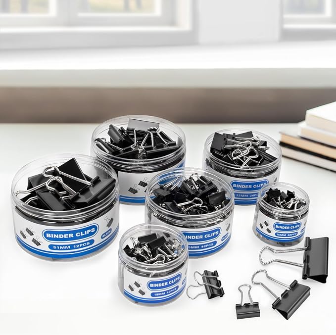 BainGesk 210 PCS Binder Clips Paper Clamps Assorted Sizes, X Large, Large, Medium, Small, Mini and Micro Metal Paper Binder Clips, Black Binding Paperwork Clamp Bulk, Office, School Supplies