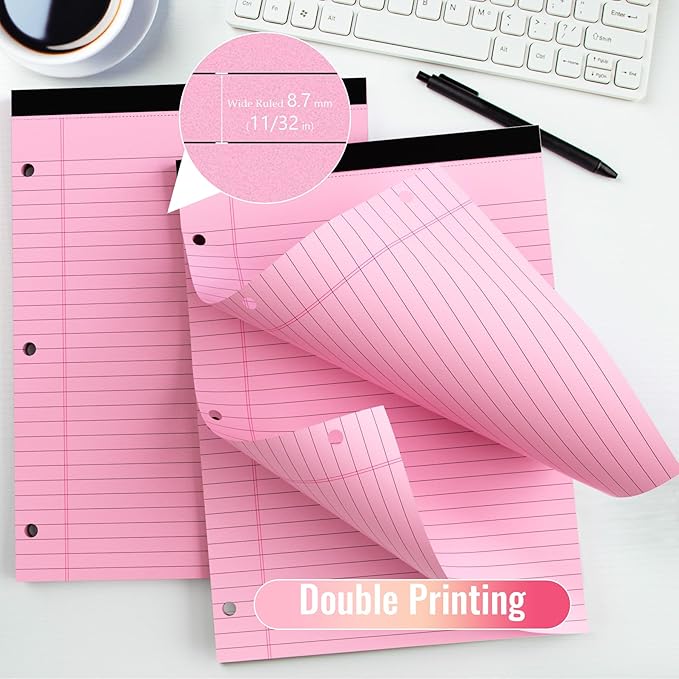 HAUTOCO 2 Pack 8.5 x 11 Legal Pads Pink Wide Ruled Notepads Perforated Writing Pads, 30 Sheets Per Notepad, 3-Hole Punched Paper, Writing Note Pads for School, Home, Office, Business