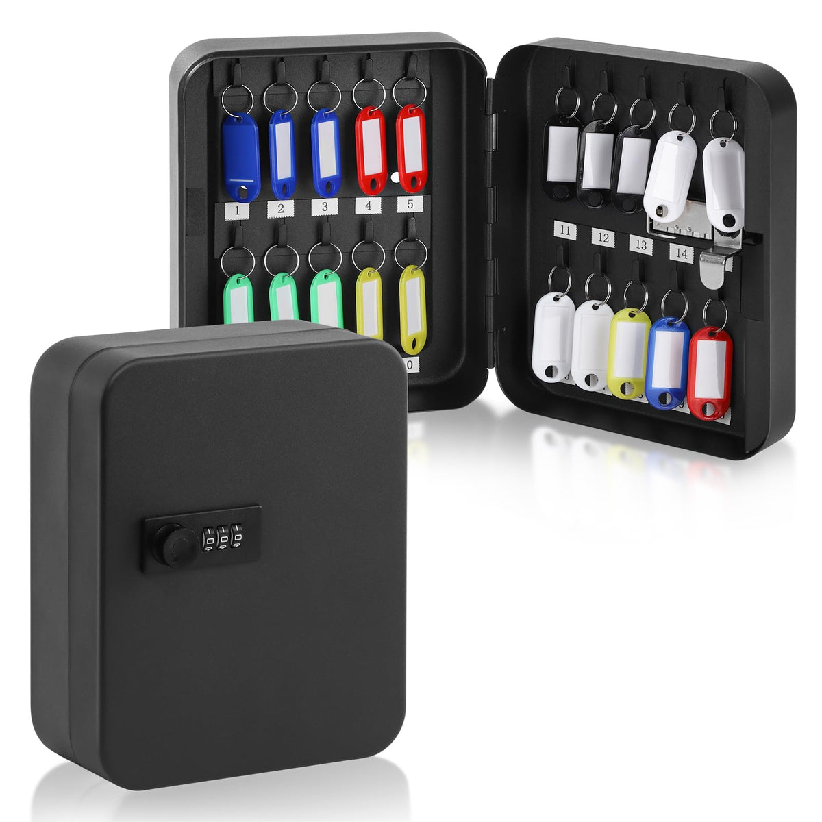 KYODOLED 20 Key Storage Lock Box with Code, Key Cabinet Organizer Wall Mount with Combination Lock, Key Hooks & Labels, 7.87 x 6.3 x 3.14 in, Black
