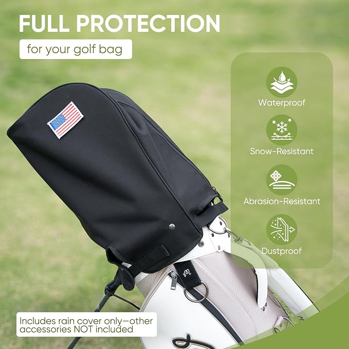 Golf Bag Rain Cover Hood Waterproof 1680D Nylon Dustproof Universal Fit with Adjustable Rain Cape for Stand/Cart Bags, All Black or US Flag Style