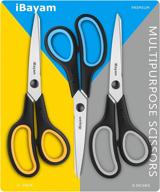 Scissors All Purpose, iBayam 8" Heavy Duty Scissors Bulk 3-Pack, 2.5mm Thickness Ultra Sharp Blade Shears with Comfort-Grip Handles for Office Home School Sewing Fabric Craft Supplies, Right/Left Hand