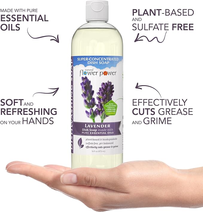 Natural Flower Power - Plant-Derived Dish Soap - Sulfate-Free, Bio-Based, pH-Balanced, Vegan Cleaning Supplies - Variety Pack - Lavender + Lemongrass + Peppermint & Lemon - 3 x 16 oz