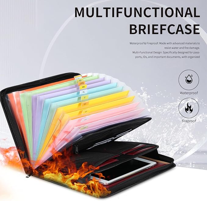 Accordion File Organizer Fireproof Expanding Folder - 13 Pockets, Letter A4 Size, Index Tabs,Organize Bills, Receipts & Important Documents Easily,Home Office & School