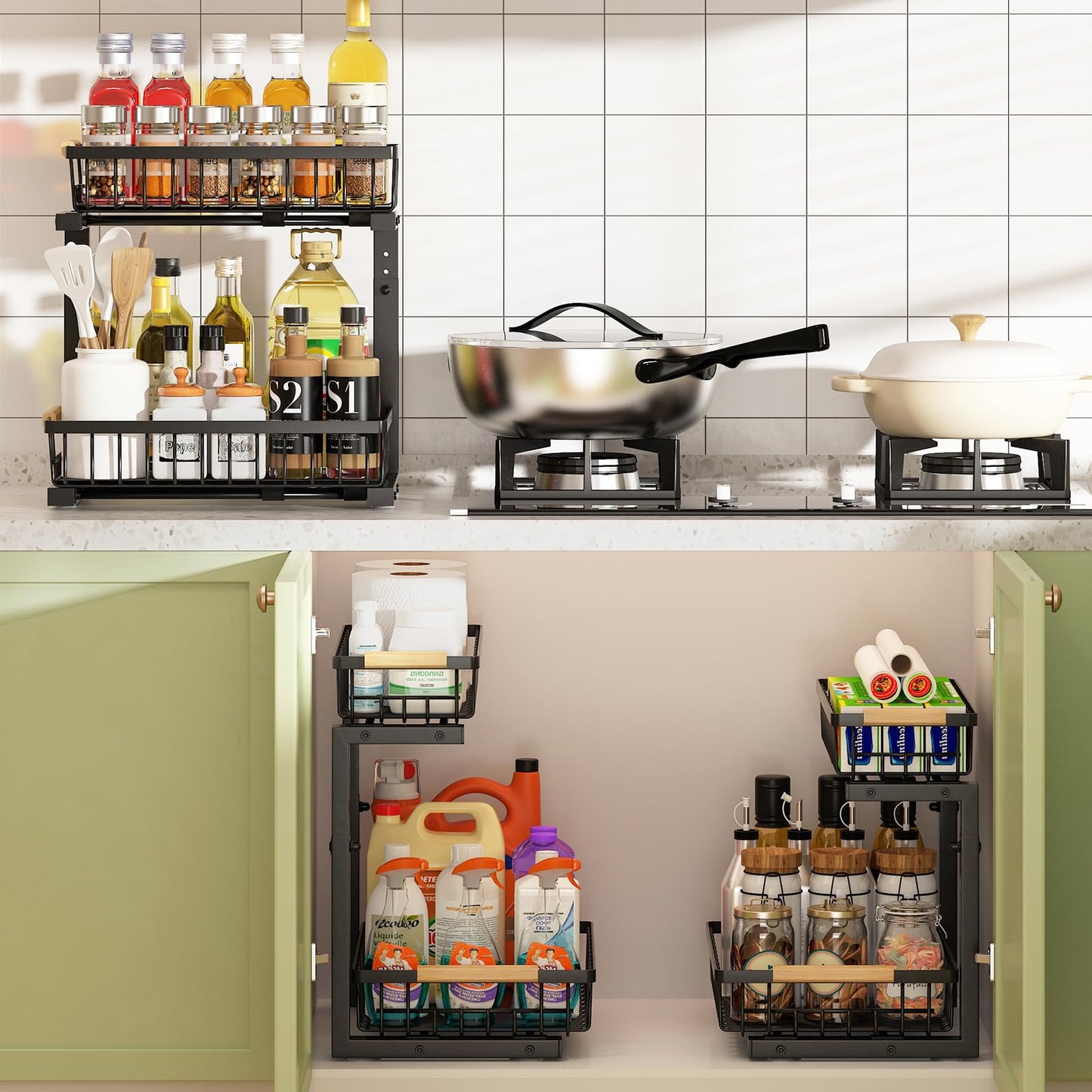 REALINN Under Sink Organizer, Height Adjustable 2 Tier Pull Out Cabinet Storage, L-Shaped Drawer Organizer for Kitchen Sink Organizer, Bathroom Organizers and Storage, Smooth Sliding Rails, Black