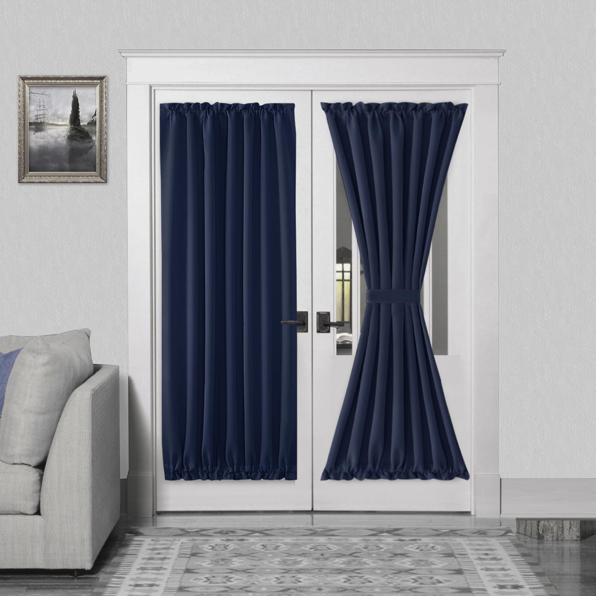 DWCN French Door Curtains – Rod Pocket Thermal Blackout Curtain for Doors with Glass Window, Kitchen and Patio Doors for Privacy, 54 X 72 Inches Long, 1 Curtain Panel with Tieback, Navy Blue