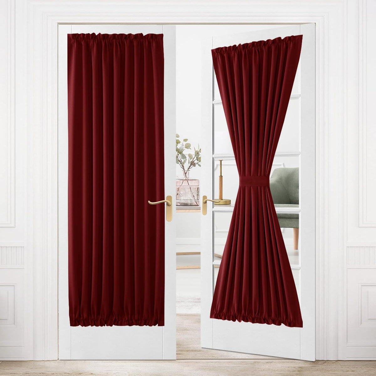 DWCN French Door Curtains â Rod Pocket Thermal Blackout Curtain for Doors with Glass Window, Kitchen and Patio Doors for Privacy, 36 X 80 Inches Long, 1 Curtain Panel with Tieback, Burgundy