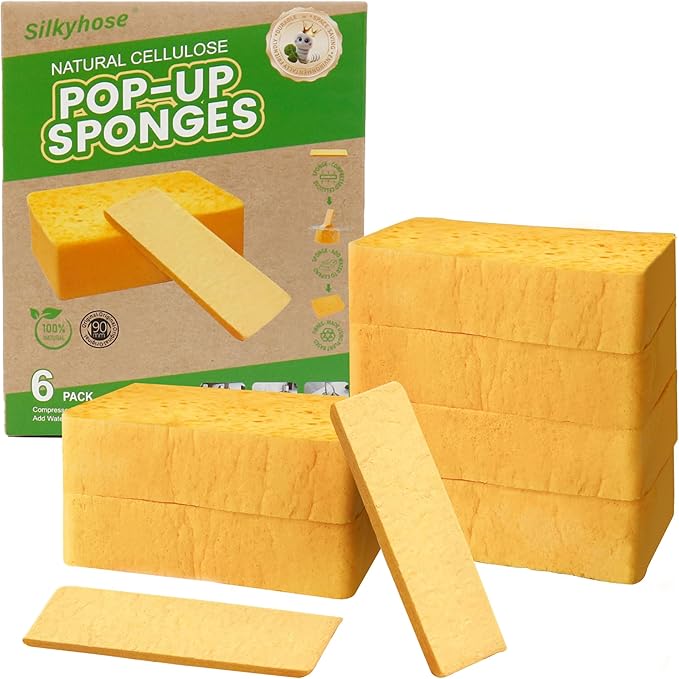 6 Pack Natural Cellulose Pop Up Sponges Biodegradable Eco-Friendly Compressed Sponges Non-Scratch Multi-Use for Kitchen Dishes, Car, Windows Cleaning