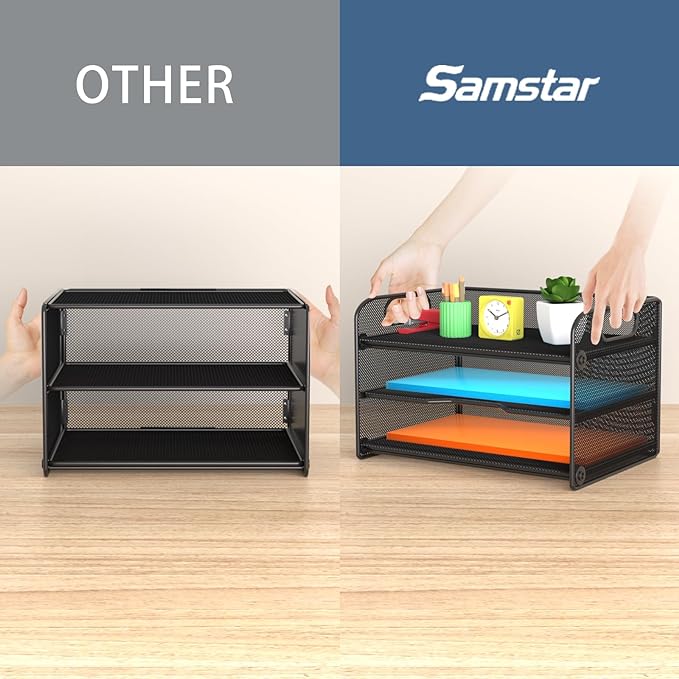 samstar 2 Pack 3 Tier Letter Tray Paper Organizer with Handle, Mesh Desk Organizer Paper Sorter File Rack Shelves, Black