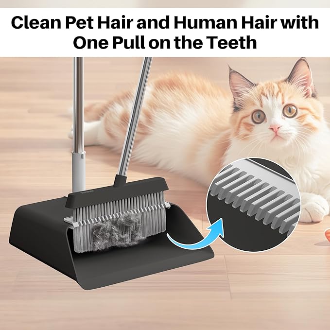 JOYMOOP 2 Pack Broom and Dustpan Set, Black and White Combo, Upright Angle with Built-in Comb Teeth for Pet Hair and Hard Floors