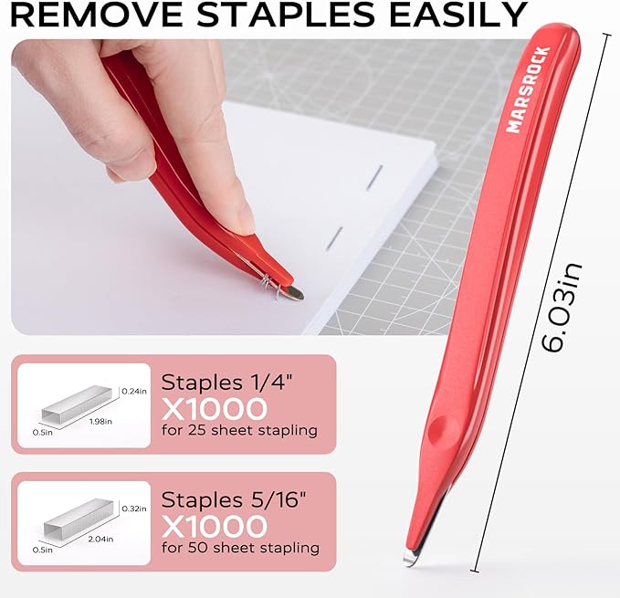 Effortless Stapler for Desk with 40-50 Sheet Capacity, 2000 Staples, 1-Touch Stapling, Ergonomic & Easy to Load Desktop Staplers, Heavy Duty Stapler, and Magnetic Staple Remover, Red