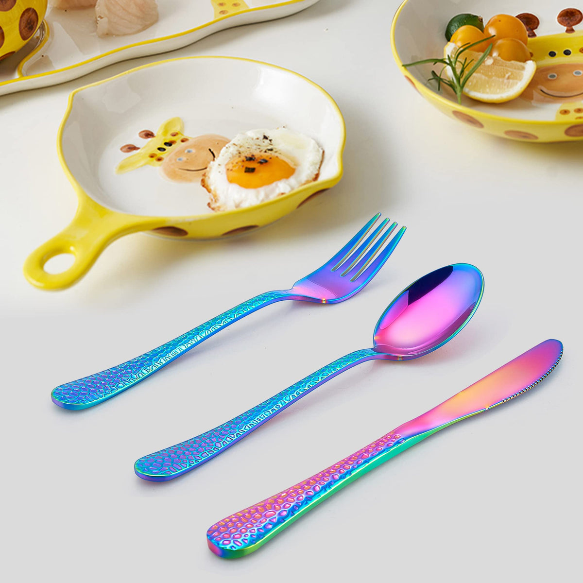 LIANYU 12-Piece Rainbow Kids Silverware Set, Stainless Steel Toddler Utensils, Hammered Preschooler Metal Flatware Cutlery Set, Children Tableware Includes Knives Forks Spoons, Dishwasher Safe