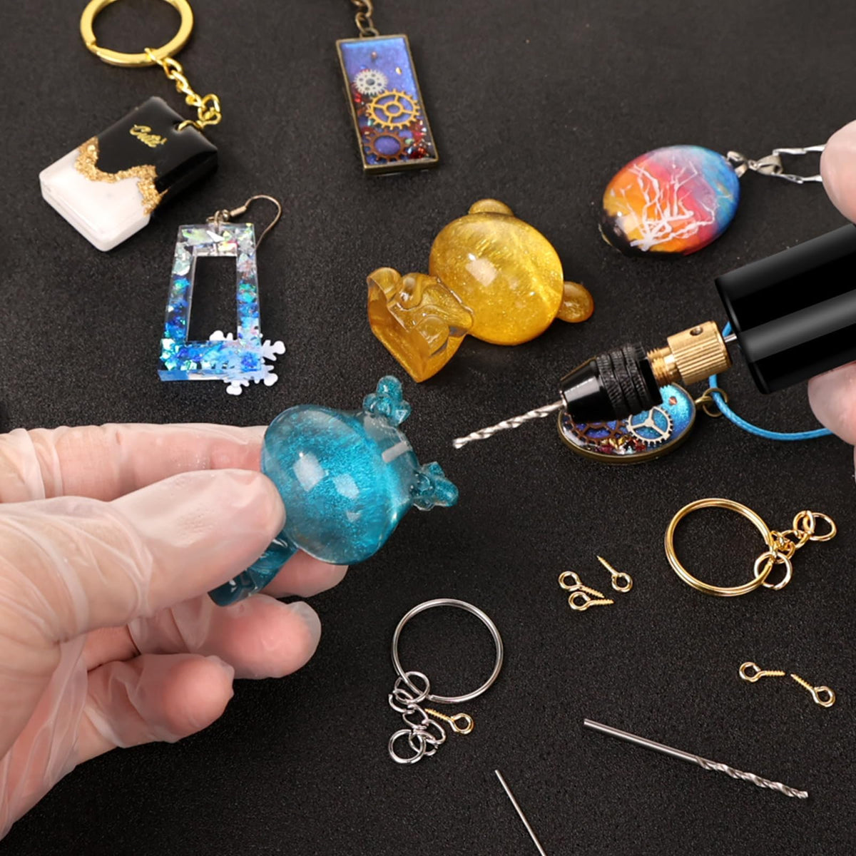 LET'S RESIN Electric Resin Drill, 74Pcs Hand Drill Supplies with 3-Jaw Clamp-Applicable to A Larger Drilling Range (0-3mm), Grip Nose Pliers, Keychain Making Kit, Tools for Resin Art